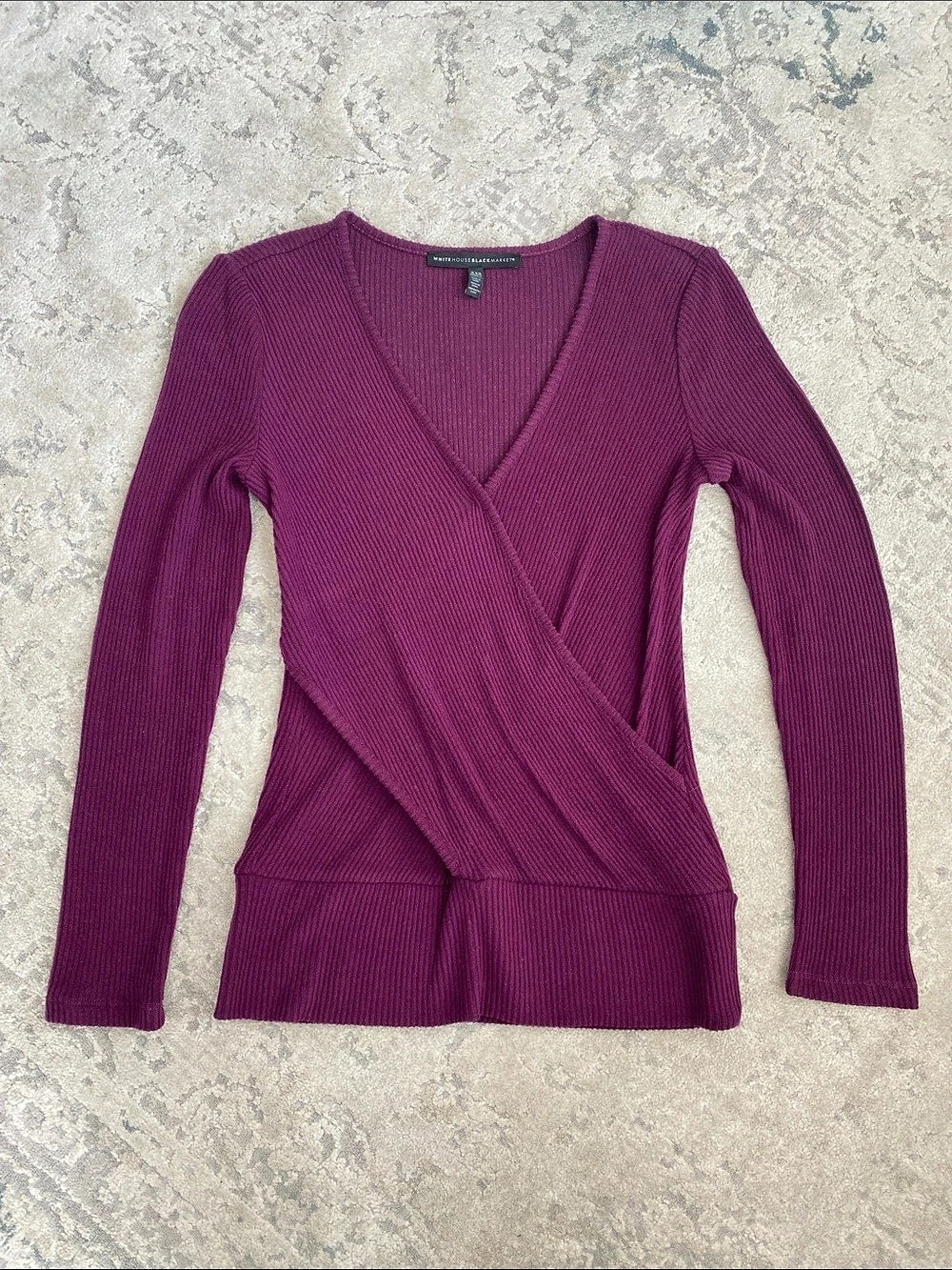 WHBM Purple Ribbed Wrap V-Neck Knit Top